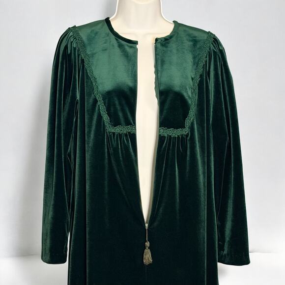 Vintage 80s Jasmine Rose Velvet Robe Small Tassel Zip Long Cottage Loungewear - Picture 3 of 9
